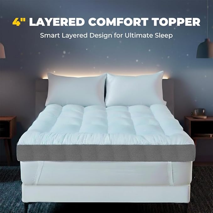 HYPREST 4 Inch Mattress Topper Queen, Thick Cooling Cotton Pillow Top with 2000 GSM Shredded Memory Foam - Soft & Supportive for Back Pain Relief，Non-Slip Bottom