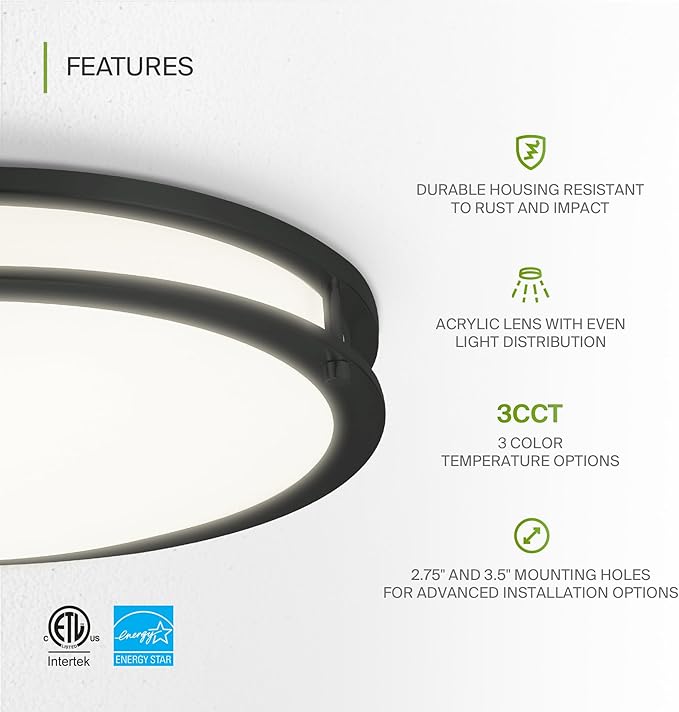 ASD LED 16" Round Flush Mount Lighting, Close to Ceiling Light Fixture | 3CCT, Dimmable, Energy Star, ETL Listed | 24W 1854LM 3000-5000K 120V | Low Profile Double Ring Lamp | Black, 2 Pack