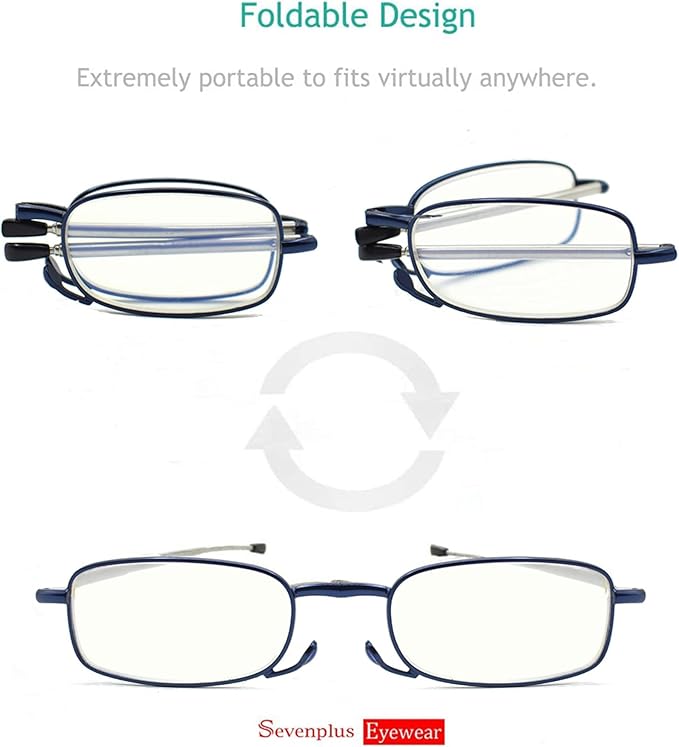 sevenplus 2 Pack Reading Glasses Blue Light Blocking, Anti UV Glare, Foldable Computer Spring Hinge Readers for Women Man