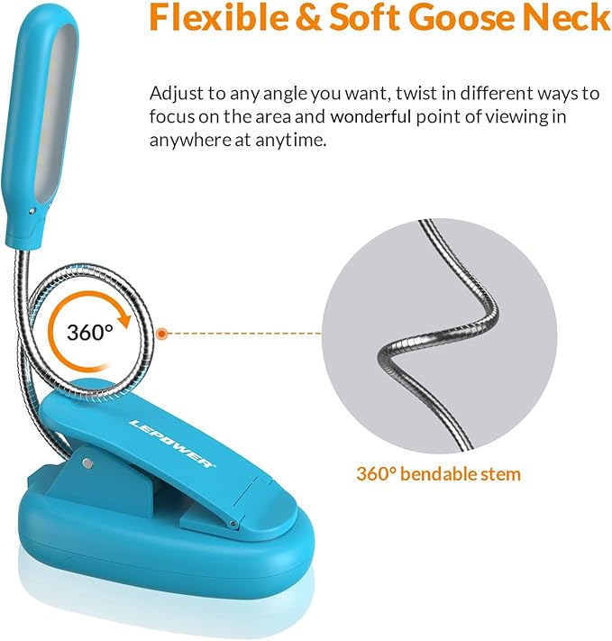 LEPOWER Clip on Book Light/Reading Light/Clip Light with 5 LED Eye Care, 3 Color Changeable, Portable Reading Lamp, Battery Operated, Bed Lights for Kids, Bookworms, Students(Blue)