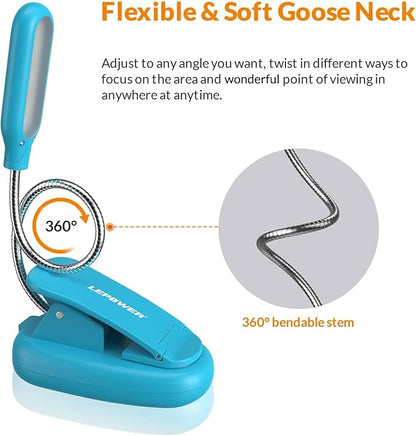 LEPOWER Clip on Book Light/Reading Light/Clip Light with 5 LED Eye Care, 3 Color Changeable, Portable Reading Lamp, Battery Operated, Bed Lights for Kids, Bookworms, Students(Blue)