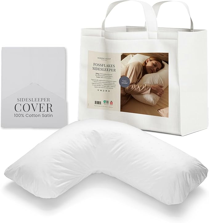 FOSSFLAKES Side Sleeper Pillow L-Shaped with Cover – Ergonomic Contour Cushion for Body Alignment – Orthopedic Support, Luxury Breathable Bedding by Nordic Sleep
