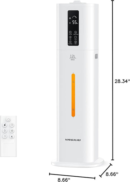 VAGKRI 12L Humidifiers for Large Room, Last 120 Hours, Cover up to 1000ft², Top Fill Ultrasonic Cool Mist Humidifier, 3 Mist Level, 24H Timer, Essential Oil Diffuser Humidifiers For Bedroom, Home