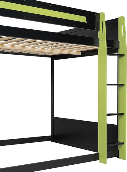 Gaming Bunk Bed Full Size with Desk & Charging Station & RGB Light Strip & Storage Shelves,Wooden Full Bunk Bed Frame with Safety Guardrails,Ladder and Under-Bed Space for Adults Teens Bedroom,Green