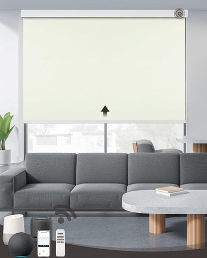 Motorized Roller Shade with Remote Control, 100% Blackout Electric 21-110” Width Blinds for Windows with Via Hub Alexa Google Home, Rechargeable Smart Automatic Customized Size（Dule Side-Beige）