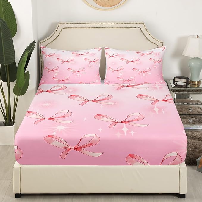 Pink Bowknots Bed Sheet Set Home Decor Glitter Starry Bow Dreamy Sheet Sets Deep Pocket,Princess Fairy Tale Theme Bow-tie Girly Mattress Cover,Twin Size with 1 Pillowcase