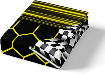 Yellow Honeycomb Geometric Fitted Sheet Queen Size Racing Car Bedding Sheet Set,Checkered Flag Bed Cover Ultra Soft Breathable Bedding 3 Pcs