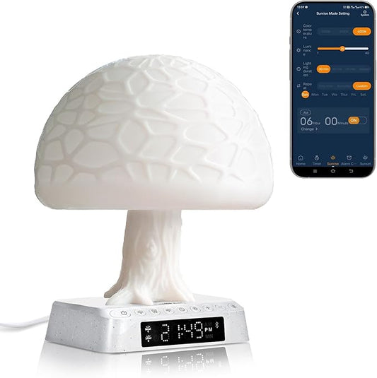Sunrise Alarm Clock Wake Up Light - 3 Color LED Lamp with Sound & Light Awakening, Bioclock Adjustment & APP Control, Mushroom Tree Design for Bedroom Bedside