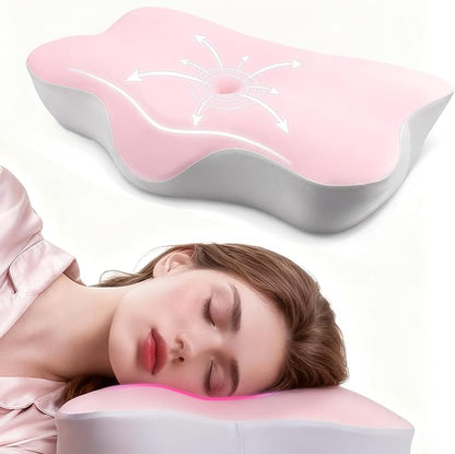 Ergonomic Neck Pillow for Sleeping, Breathable Snoring Memory Foam Pillows, Sleep Apnea Pillows for Neck Correcting/Cozy Rest/Deep Sleep/Fibromyalgia Pillow [Pink]