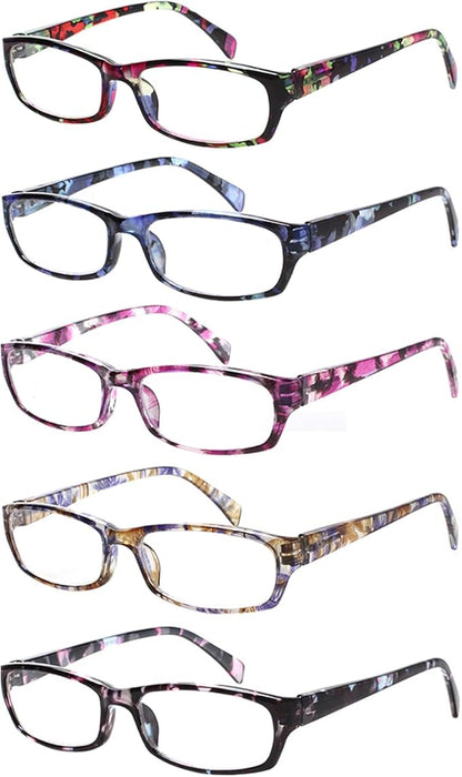 Kerecsen Reading Glasses 5 Pairs Fashion Ladies Readers Spring Hinge with Pattern Print Eyeglasses for Women (Mix Color -2, 0.5)