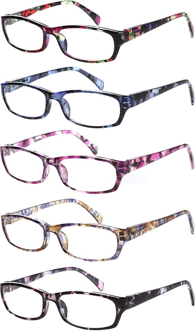Kerecsen Reading Glasses 5 Pairs Fashion Ladies Readers Spring Hinge with Pattern Print Eyeglasses for Women (Mix Color -2, 5.00)
