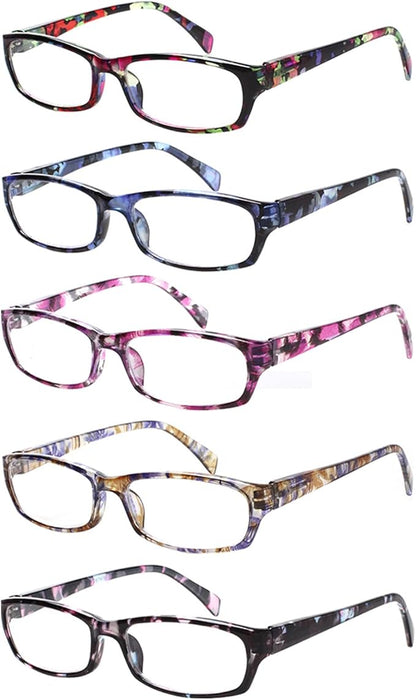 Kerecsen Reading Glasses 5 Pairs Fashion Ladies Readers Spring Hinge with Pattern Print Eyeglasses for Women (Mix Color -2, 0.75)