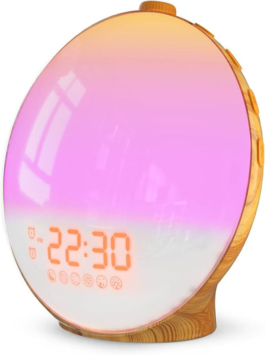Dekala Sunrise Alarm Clock for Heavy Sleepers, Wood Grain Wake up Light Sunset Simulation, 7 Nature Sounds, Dual Alarms, Colorful Ambient Lamp, FM Radio, Snooze, Sleep Aid for Kids & Adults Bedroom
