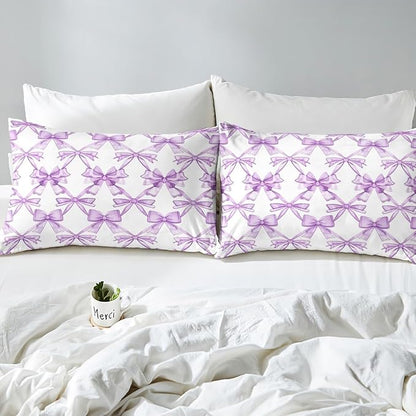 Purple Bowknots Bed Sheet Set Dreamy Princess Bow-tie Purple White Fitted Sheet for Ultra Soft Watercolor Bow Crossed Lines Grids Paint Bedding Cover Set Room Decor Queen (No Flat Sheet)