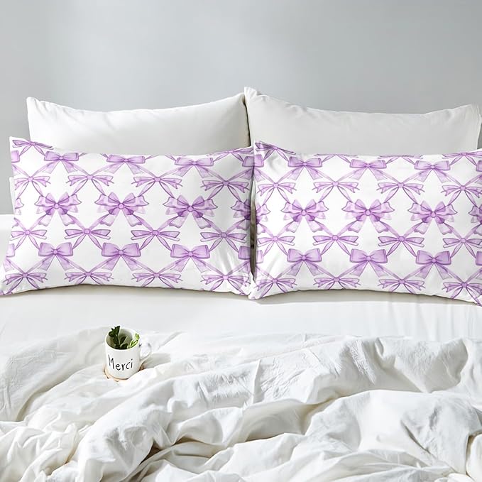 Purple Bowknots Bed Cover(1 Fitted Sheet+1 Pillow Case),Dreamy Princess Bow-tie Purple White Bedding Set for Room Decor,Watercolor Bow Crossed Lines Grids Paint Bed Sheet Set,3Pcs Full Size