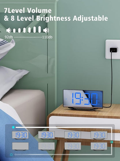 Alarm Clock for Bedroom,8.7"Big Display Digital LED Mirror Clock with 2 Alarms,Adjustable Dimmer&Volume,USB Phone Charger,Plug in Loud Basic Alarm Clock for Deep Sleeper Adult Kid Senior Teen Boy Girl
