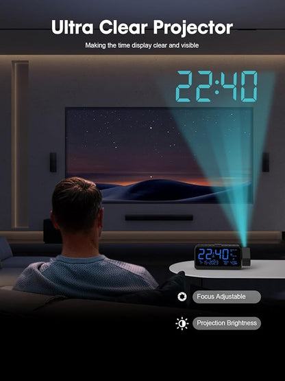 ROCAM Projection Alarm Clock for Bedroom Ceiling, Digital Clock with 180° Projector with 5-Level Dimmer, Dual Loud Alarm with Weekend/Weekday Mode, Date, Temp, Humidity, Night Light, DST, Snooze
