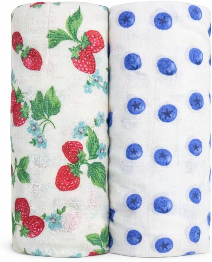 Bamboo Muslin Swaddle Blankets for Newborn – 70% Bamboo Cooling Lightweight Summer Baby Receiving Blankets, Oversized 47x47, 2 Pack – Strawberry Garden