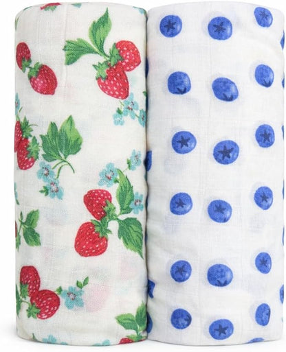 Bamboo Muslin Swaddle Blankets for Newborn – 70% Bamboo Cooling Lightweight Summer Baby Receiving Blankets, Oversized 47x47, 2 Pack – Strawberry Garden