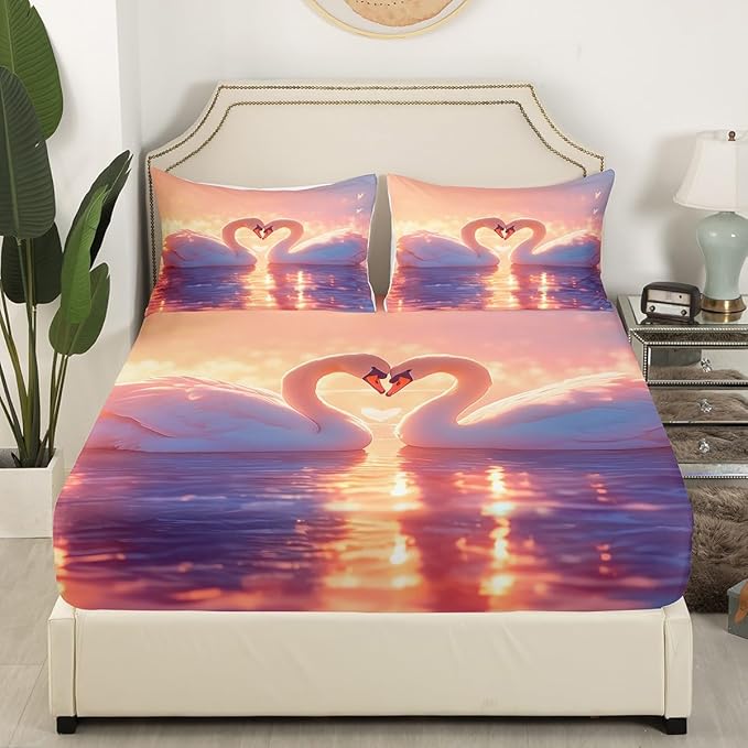 Couple Swan Kids Fitted Sheet Twin Size,Lake House Animals Fishing Cabin Bedding Set,Boys Girls Room Decor,Sunset Rustic Farmhouse Bed Cover,Pink Romantic Bed Sheet,1 Pillowcase