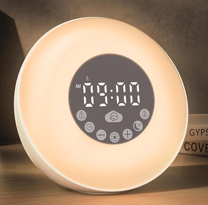 Glocusent Sunrise Alarm Clock for Bedrooms, Dual Alarm Clock Sound Machine & 14 White Noise, 2×Stereo Bluetooth Speaker/Radio/TF, 8 Color Night Light, 10-Level Dimming, Wake Up Light for Adults & Kids