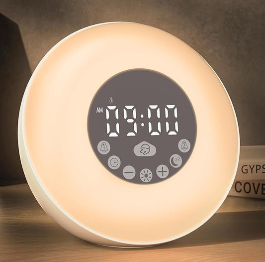 Glocusent Sunrise Alarm Clock for Bedrooms, Dual Alarm Clock Sound Machine & 14 White Noise, 2×Stereo Bluetooth Speaker/Radio/TF, 8 Color Night Light, 10-Level Dimming, Wake Up Light for Adults & Kids