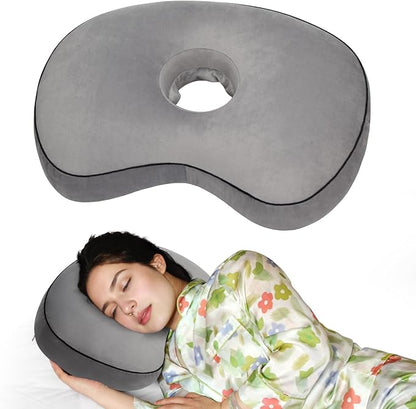 Curved Ear Piercing Pillow - Orthopedic Donut Design with 3.5" Ear Hole Relief, Gray Velvet Side Sleeper Support for Healing Piercings