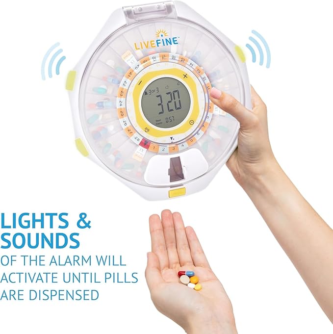 LiveFine Bluetooth Automatic Pill Dispenser, 28-Day Capacity, Sound & Light Alerts, Key Lock, LCD & Easy Setup on The LiveFine App for Prescriptions, Medications, Vitamins & Supplements - Frosted Lid