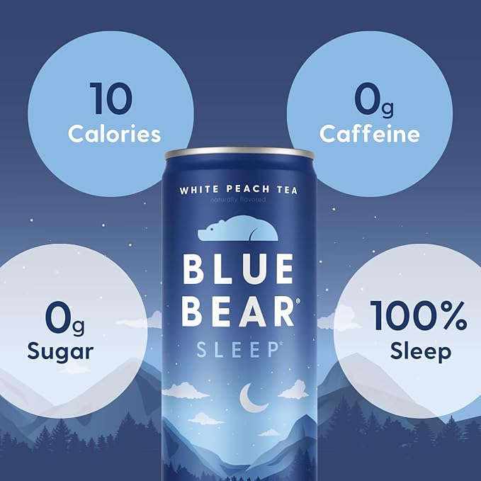 Blue Bear Melatonin Sleep Drink, Sleep Tea for Bedtime Support, White Peach Tea with Melatonin (5mg), Lavender, Ashwagandha, Chamomile, GABA, L-Theanine, Caffeine-Free, Zero Sugar, 8.4 Fl Oz 12-Pack