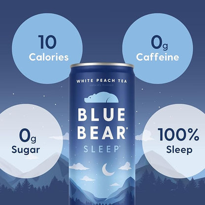 Blue Bear Melatonin Sleep Drink, Sleep Tea for Bedtime Support, White Peach Tea with Melatonin (5mg), Lavender, Ashwagandha, Chamomile, GABA, L-Theanine, Caffeine-Free, Zero Sugar, 8.4 Fl Oz 12-Pack