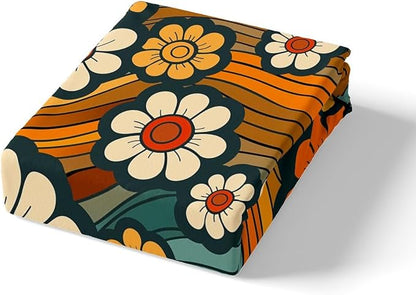 Groovy Daisy Flowers Fitted Sheet Queen Size,70s 80s Vintage Floral Hippie Psychedelic Bedding Set,Boys Girls Room Decor,Rainbow Boho Exotic Bed Cover,Bohemia Retro Bed Sheet,2 Pillowcases