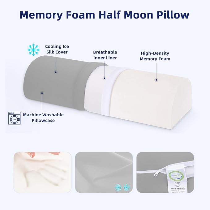 Under Knee Pillow for Sleeping on Back - Half Moon Bolster Pillow for Legs - Memory Foam Knee Pillow for Back Sleeping with Removable Cooling Cover (Dark Grey)