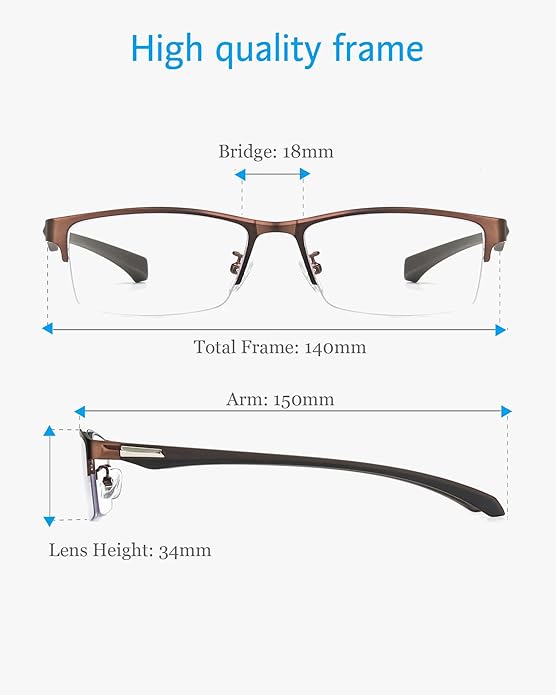 ANRRI Blue Light Glasses for Men Semi Rimless Rectangle Metal Frame UV Blocking Computer Glasses