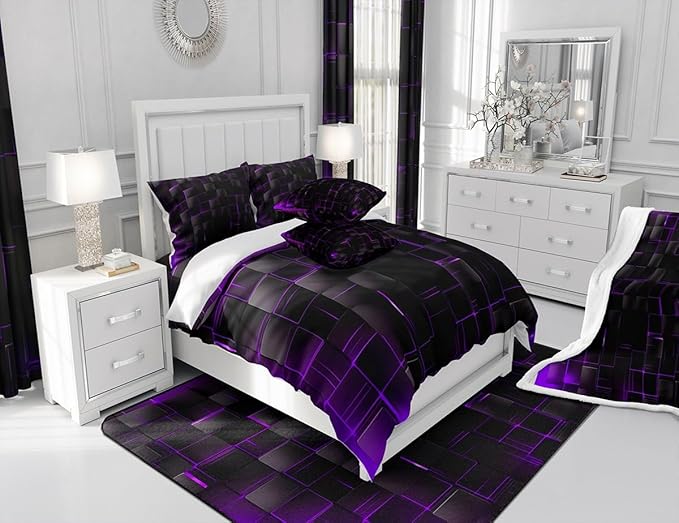 Manfei Geometric Sheet Set Full Size, Abstract Square Grid Print Bedding Set for Kids Boys Girls Adults, Purple and Black Bed Sheet Set 4pcs with Deep Pocket Fitted Sheet + Flat Sheet + 2 Pillowcases
