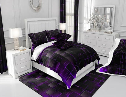 Manfei Geometric Sheet Set King Size, Abstract Square Grid Print Bedding Set for Kids Boys Girls Adults, Purple and Black Bed Sheet Set 4pcs with Deep Pocket Fitted Sheet + Flat Sheet + 2 Pillowcases