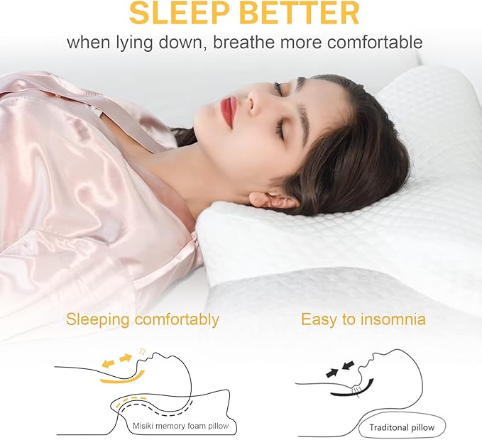 Misiki Contour Memory Foam Pillow, Cervical Pillow for Neck Pain Relief, Ergonomic Pillow for Sleeping, Orthopedic Neck Pillow with Washable Cover, Bed Pillows for Side, Back, Stomach Sleepers