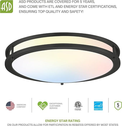 ASD LED 10" Round Flush Mount Lighting, Close to Ceiling Light Fixture | 3CCT, Dimmable, Energy Star, ETL Listed | 16W 1041LM 3000K-5000K 120V | Low Profile Double Ring Lamp | Black