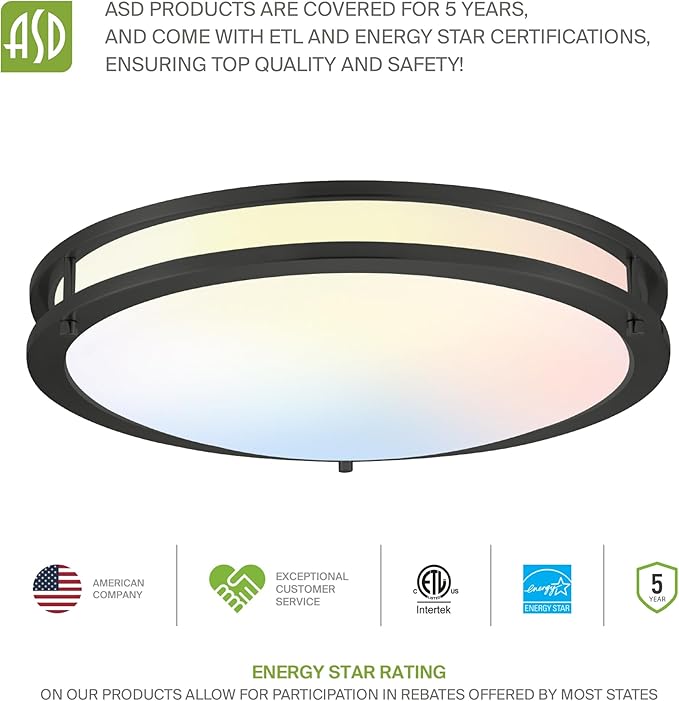 ASD LED 16" Round Flush Mount Lighting, Close to Ceiling Light Fixture | 3CCT, Dimmable, Energy Star, ETL Listed | 24W 1854LM 3000-5000K 120V | Low Profile Double Ring Lamp | Black