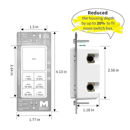 Minoston Countdown Timer Switch, 1-60 Min, Bathroom Fan Timer Switch, Adjustable LED Brightness, 120VAC Neutral Wire Req, ETL and FCC Listed, White (MT11N)
