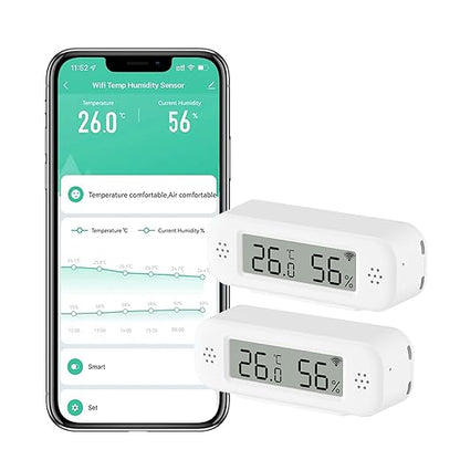 WiFi Thermometer Hygrometer: Smart Temperature Humidity Sensor, Indoor Room Temperature Monitor with App Notification Alerts & Free Data Storage Export, Digital Remote Monitor for Bedroom (2-Pack)
