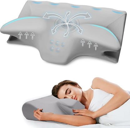 Cervical Pillow for Neck Pain Relief, Cooling Contour Memory Foam Pillows Support Odorless Ergonomic Neck Pillow Adjustable Orthopedic Bed Pillow for Side Back Stomach Sleeper,1 Pack (Grey)