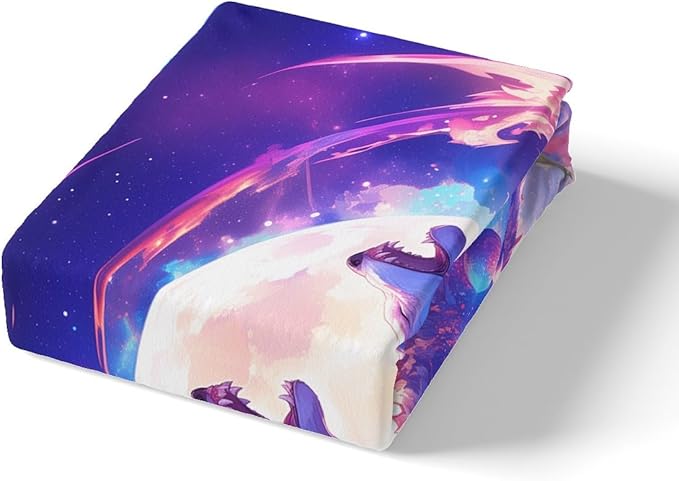 Wolf Kids Fitted Sheet Full Size,Moon Night Starry Sky Bedding Set,Boys Girls Room Decor,Wildlife Rustic Animal Hunting Adventure Bed Cover,Blue Purple Bed Sheet,2 Pillowcases