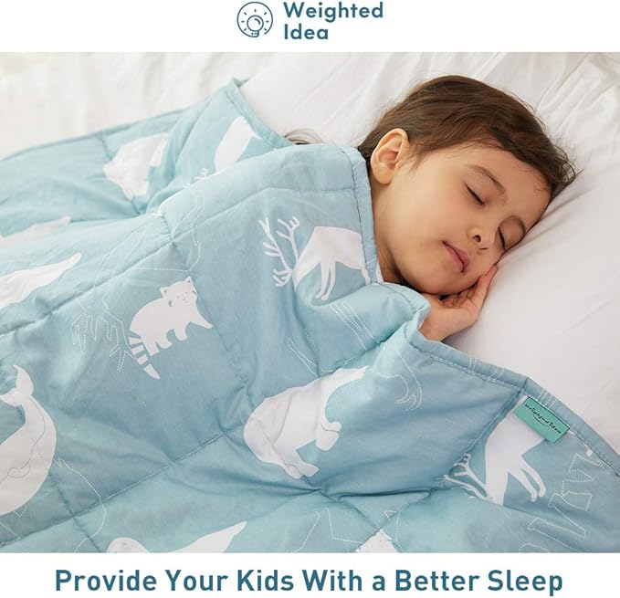 Weighted Idea Cooling Weighted Blanket Kids 7 lbs 41" x 60" (100% Cotton, Blue Animal) with Premium Glass Beads