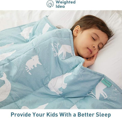 Weighted Idea Cooling Weighted Blanket Kids 7 lbs 41" x 60" (100% Cotton, Blue Animal) with Premium Glass Beads