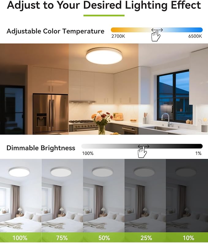 12 Inch LED Flush Mount Ceiling Light Fixture, 24W Modern Ultra-Thin Ceiling Lamp with Remote, 2400LM Dimmable Brightness, 2700K-6500K Adjustable Color Temperature, for Bedroom Living Room Kitchen