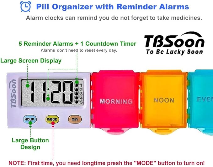 [4 in 1] 1 Day 4 Times Medicine Pill Organizer +5 Alarms + Timer+ Clock, Large Compartments,Loud Sound,Large Screen, Moisture-Proof,Dust-Proof, Travel Daily Pill Box/Organizer/Case/Container/Dispenser