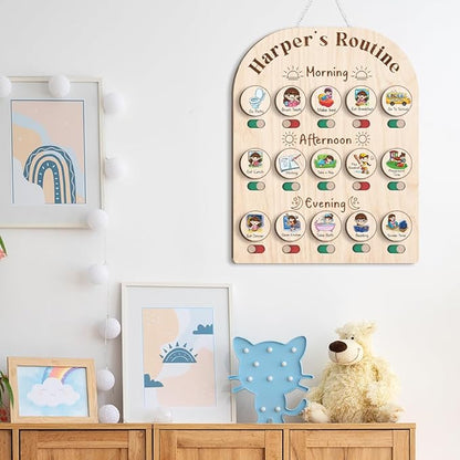 Wooden Chore Chart for Kids Visual Schedule, Routine Chart for Kids, Morning Bedtime Routine Chart for Toddlers Ages 2-4, Daily Kids Schedule Board for Home (04)