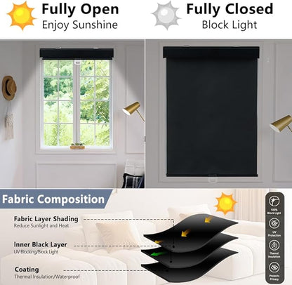 SHADEMOON Blackout Cordless Roller Shades for Windows,Free-Stop System Blind with Valance,Pull Down Room Darkening Indoor Shades,Thermal Insulated UV Blocking Fabric,Home Office(Black,74" W x 72" H)