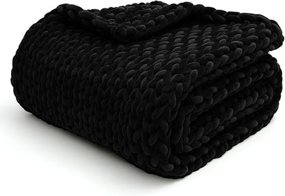 YnM Velvet Weighted Blanket, Handmade Chunky Knitted Design, Soft and Cozy, Temperature Regulating and Breathable, Machine Washable Throw for Sleep or Home Decor (Black, 50x60 Inch, 10lbs)