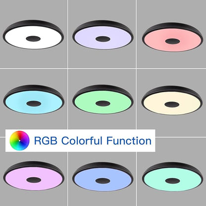 Black Waterproof LED Flush Mount Ceiling Light Fixture,with Bluetooth Speaker,11 Inch,18 watt,Dimmable Music Lamp,RGB Color Changing Light with Remote Control,for Bathroom,Shower,Bedroom